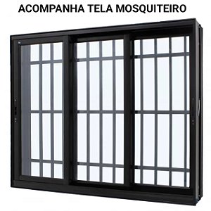 Janela de correr alumínio preto 3 folhas móveis com grade vidro liso incolor com tela mosquiteiro - jap caribe max