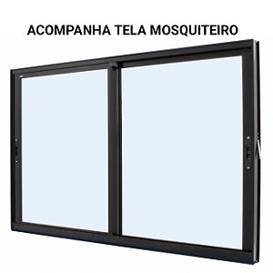 Janela de correr alumínio preto 2 folhas móveis sem grade vidro liso incolor com tela mosquiteiro - jap caribe max