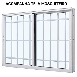 Janela de correr alumínio branco 2 folhas móveis com grade vidro liso incolor com tela mosquiteiro - jap caribe max