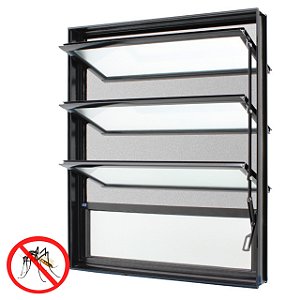 Janela basculante alumínio preto uma seção vidro mini boreal com tela mosquiteiro - jap caribe max