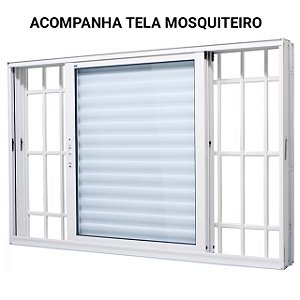 Janela veneziana alumínio branco 3 folhas móveis com grade vidro liso incolor com tela mosquiteiro - jap perfecta max