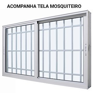 Janela de correr alumínio branco 2 folhas móveis com grade vidro liso incolor com tela mosquiteiro - jap perfecta max