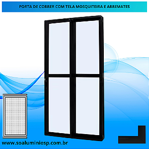 Porta de correr alumínio preto 2 folhas móveis vidro liso incolor com fechadura com tela mosquiteira - jap caribe max