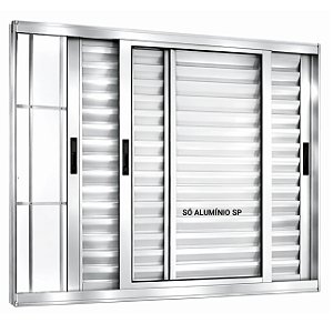 Janela veneziana alumínio brilhante 3 folhas móveis com grade vidro incolor linha 25