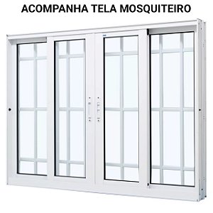 Janela de correr alumínio branco 4 folhas com grade vidro liso incolor com tela mosquiteiro - jap perfecta max