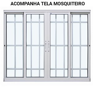 Janela de correr alumínio branco 4 folhas com grade vidro liso incolor com tela mosquiteiro - jap caribe max