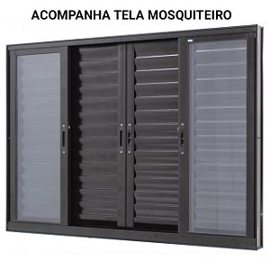 Janela veneziana alumínio preto 6 folhas sem grade vidro liso incolor com tela mosquiteira - jap caribe max