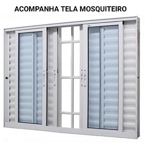 Janela veneziana alumínio branco 6 folhas com grade vidro liso incolor com tela mosquiteiro - jap caribe max