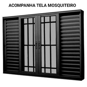 Janela veneziana alumínio preto 6 folhas com grade vidro liso incolor com tela mosquiteiro - jap perfecta max