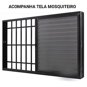 Janela veneziana alumínio preto 3 folhas móveis com grade vidro liso incolor com tela mosquiteiro - jap caribe max