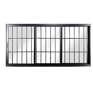 Janela de correr alumínio preto 3 folhas móveis com grade vidro liso incolor linha 25 topsul esquadrisul