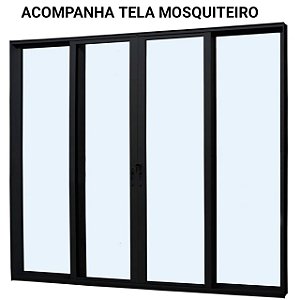 Porta de correr alumínio preto 4 folhas vidro temperado 6mm com fechadura com tela mosquiteiro jap caribe max