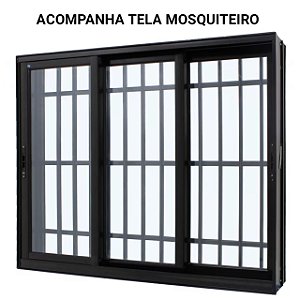 Janela de correr alumínio preto 3 folhas móveis com grade vidro liso incolor com tela mosquiteiro - jap perfecta max