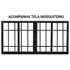 Janela de correr alumínio preto 4 folhas com grade vidro liso incolor com tela mosquiteiro - jap perfecta max