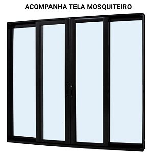 Porta de correr alumínio preto 4 folhas vidro temperado 6mm com fechadura com tela mosquiteiro - linha 30 jap perfecta max