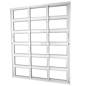 Porta de correr alumínio branco 3 folhas móveis com travessa vidro liso incolor com fechadura - linha 25