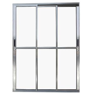 Porta de correr alumínio brilhante 3 folhas móveis com fechadura vidro liso incolor - linha 25