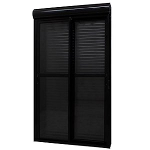 Pronta entrega - porta com persiana integrada alumínio preto 2 folhas móveis com fecho concha acionamento manual - jap caribe max