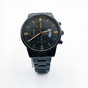 Relógio Masculino Black Chrono Premium Aço Preto com Detalhes Dourados