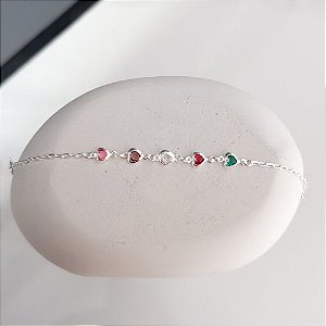 Pulseira Corações Coloridos Banhada Prata