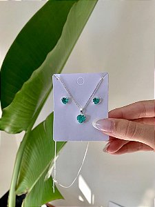 Conjunto colar coração + Brinco Verde