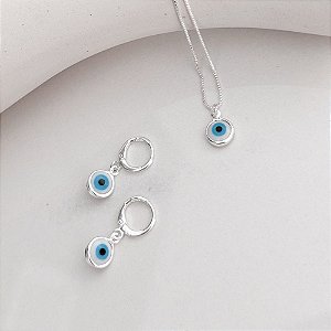 Conjunto Olho Grego Branco Banhada Prata