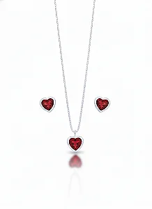 Conjunto Brinco + Colar Ponto de Luz Coração Vermelho
