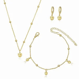 Conjunto Infantil Pendente Coração Zircônia Banhada a Ouro 18k