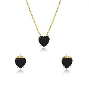 Conjunto Coração Cravejado Zircônias Banhada Ouro 18K