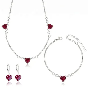 Conjunto Brinco + Choker + Pulseira Coração Zircônias Banhada Prata 1000