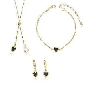 Conjunto Gravatinha + Brinco + Pulseira Coração Strass Banhada Ouro 18K