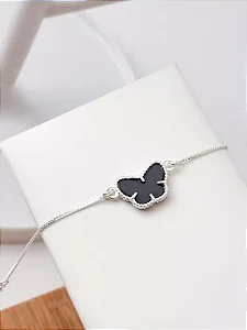 Pulseira Borboleta Preta Banhada Prata