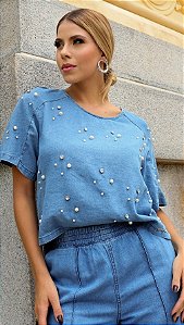 Blusa Denim Pérolas Paty