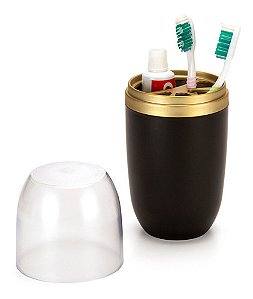 Porta Escovas Pasta Creme De Dente 500ml Preto Dourado Com Tampa Arthi