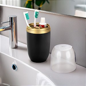 Porta Escovas Dente Creme Dental Banheiro Pia Com Tampa ~ Arthi Preto Com Dourado