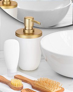 Dispenser Porta Sabonete Líquido Pia Banheiro Lavabo ~ Arthi Branco Com Dourado