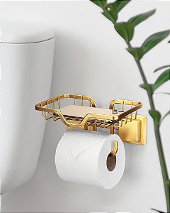 Porta Papel Higiênico Suporte Celular Sem Furo Parede ~ Arthi Dourado Fosco