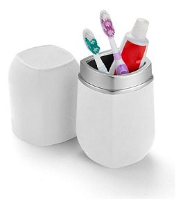 Porta Escova E Pasta Com Tampa Transparente 500ml Arthi Branco e Prata