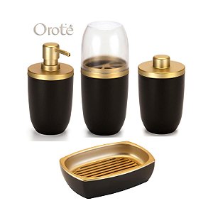 Kit Luxo 4 Acessórios Banheiro ~ Arthi Black com Dourado