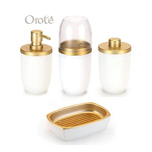 Kit Luxo 4 Acessórios Banheiro ~ Arthi Branco com Dourado