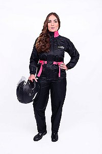 Conjunto Impermeável Para Motociclista Feminino Em Nylon Preto Rosa  G