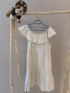 Vestido branco midi com listras douradas, Marca Hering, Tamanho 10 anos