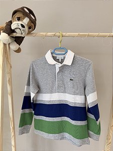 TAM 6 - Lacoste - Blusa de manga comprida cinza e listras branca, azul e verde