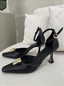 Scarpin Couro Preto Com Detalhe Dourado