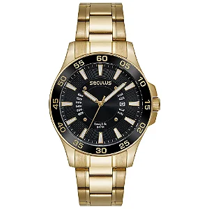 Seculus Masculino Aço Dourado Calendário 23729GPSVDA2