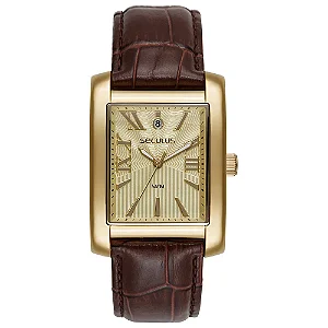 Seculus Analógico Quadrado Couro Croco Dourado 23744GPSVDC2