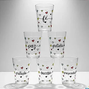 Kit 6 Copos Americanos de Vidro 180ml Estampa Frases Preto
