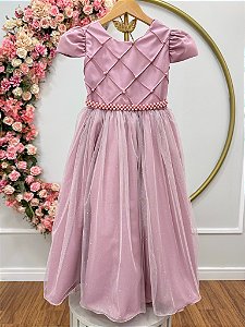 Vestido Infantil Longo Rose Tule Glitter Busto Nervura Festa Daminha