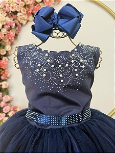 Vestido Infantil Damas de Honra Longo Azul Marinho C/ Pérolas