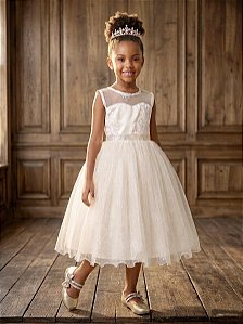 Vestido Infantil Festa Luxo, em Cetim, Off White com Tule Brilhante e Renda